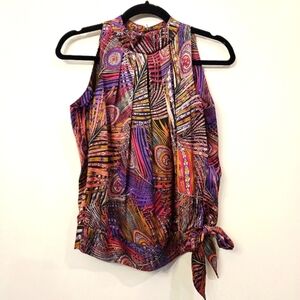 Etcetera Multi Color Feather Print Sleeveless Side Tie Satin Blouse Size 2
